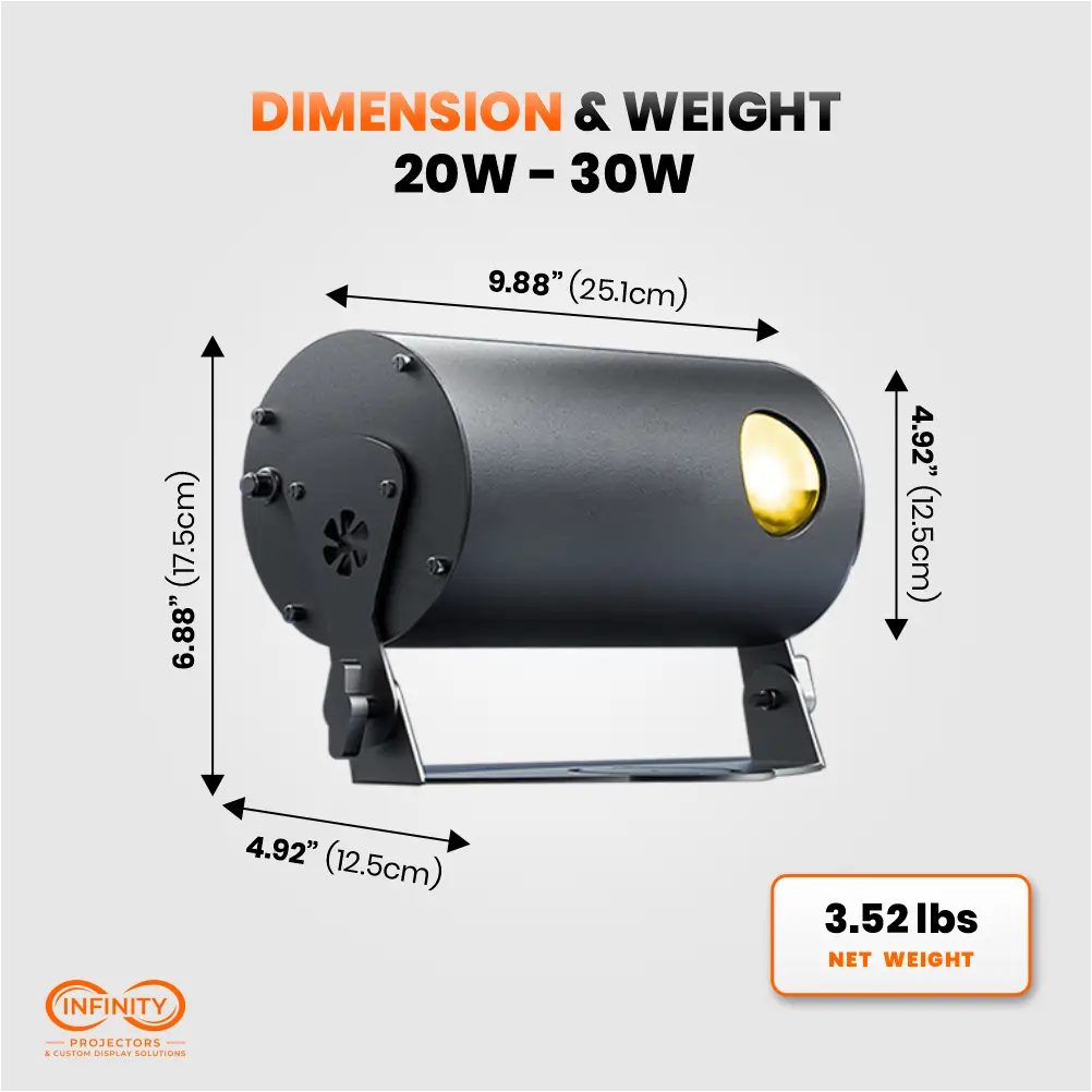 Dimension and weight diagram of 20W-30W Firefly cylindrical laser projector, 9.88 in long, 3.52 lb