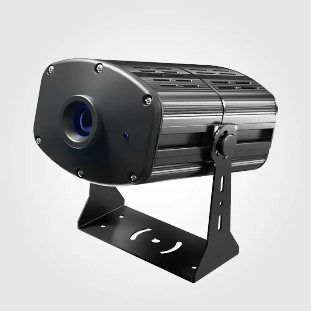 Front view of the indoor video projector's blue-tinted lens and twin-barrel black housing on a steel bracket