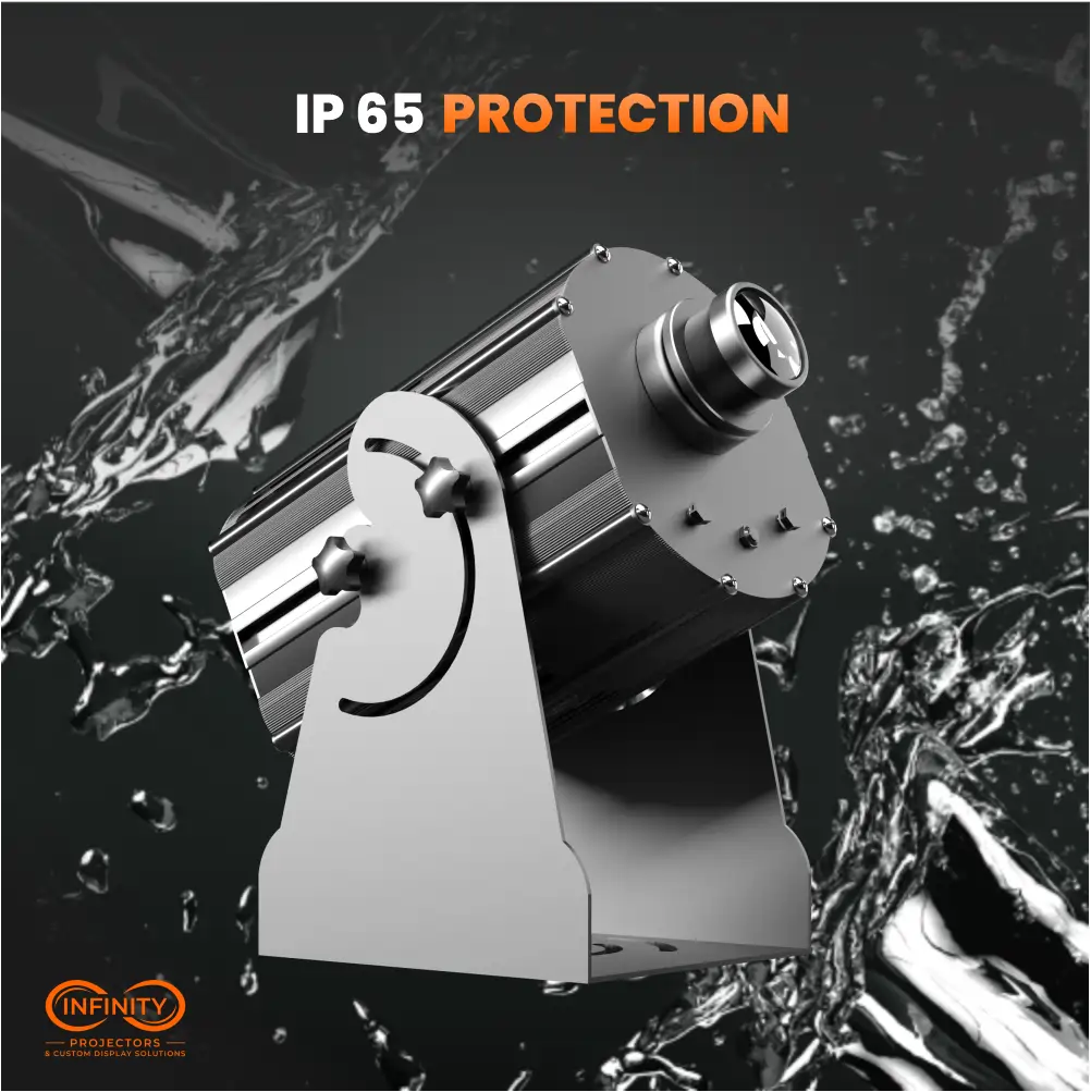 IP65 weatherproof graphic showing the grey outdoor gobo projector unit over a dark water-splash backdrop