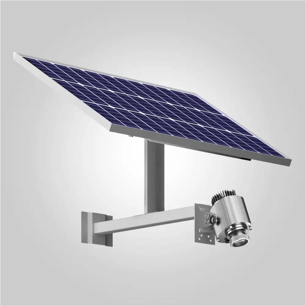 Solar-powered outdoor gobo projector on wall-mount bracket, panel angled above the rotating lens head