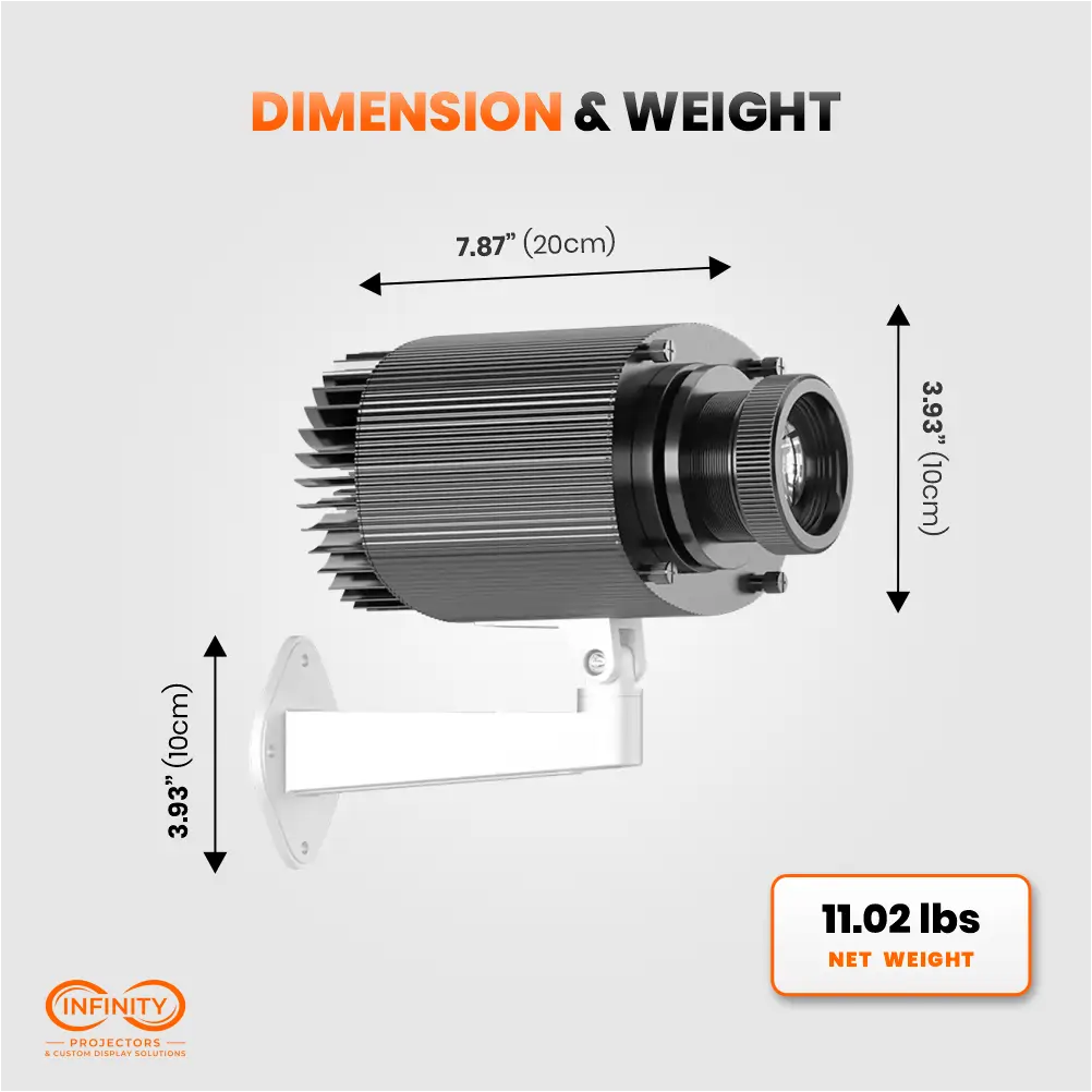 Dimension and weight diagram of the ExtendArm outdoor gobo projector: 7.87 by 3.93 inches, 11.02 lbs