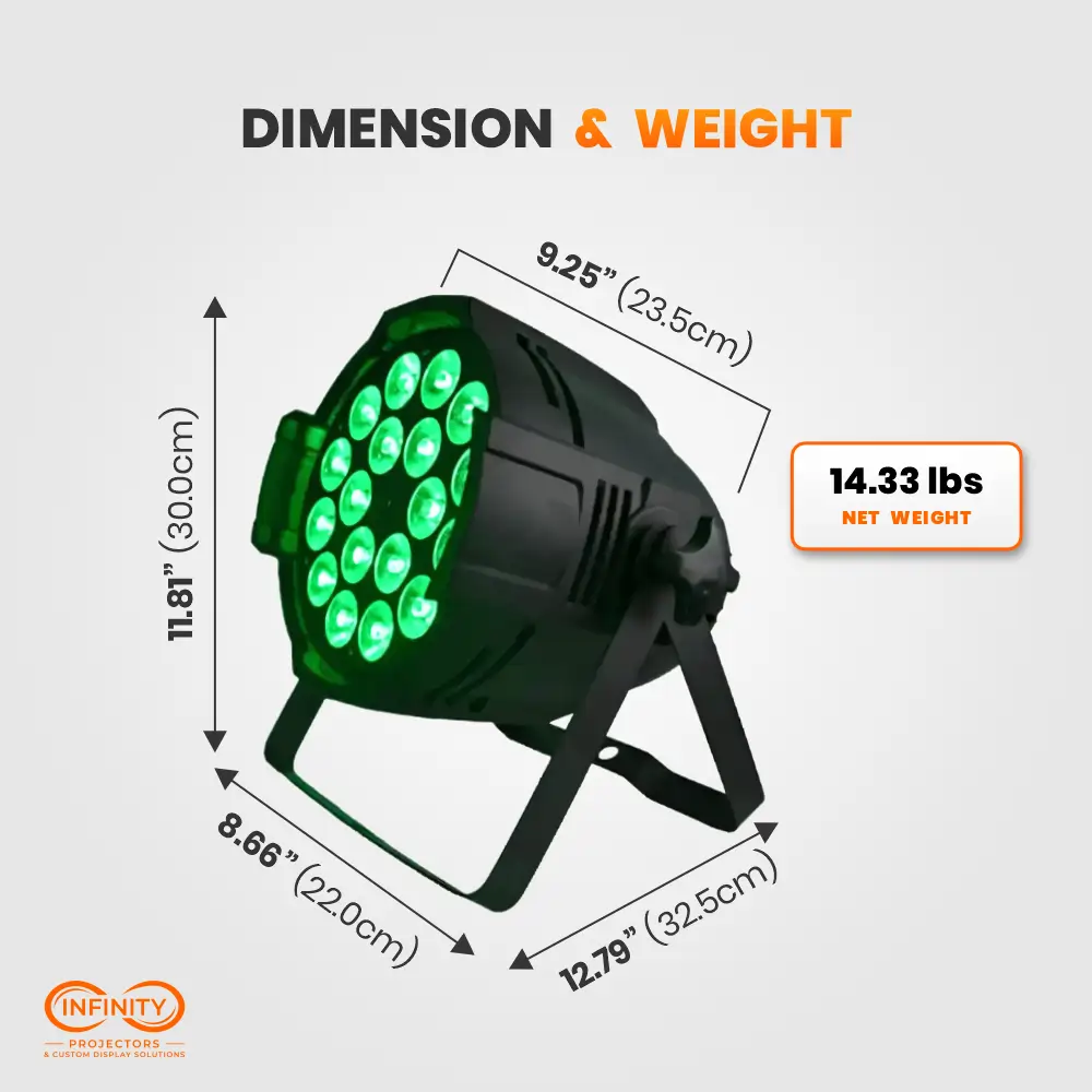 Dimension diagram of green-lit par can uplight: 11.81 x 8.66 in body, 14.33 lb net weight