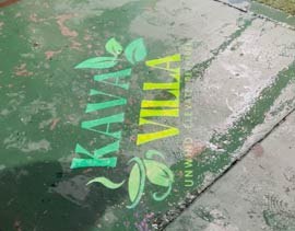 Video: green botanical cafe logo holding crisp on a weathered painted floor outdoors