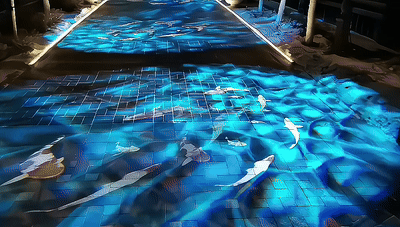 Real photo of blue water ripple pattern projected on floor — Infinity Projectors