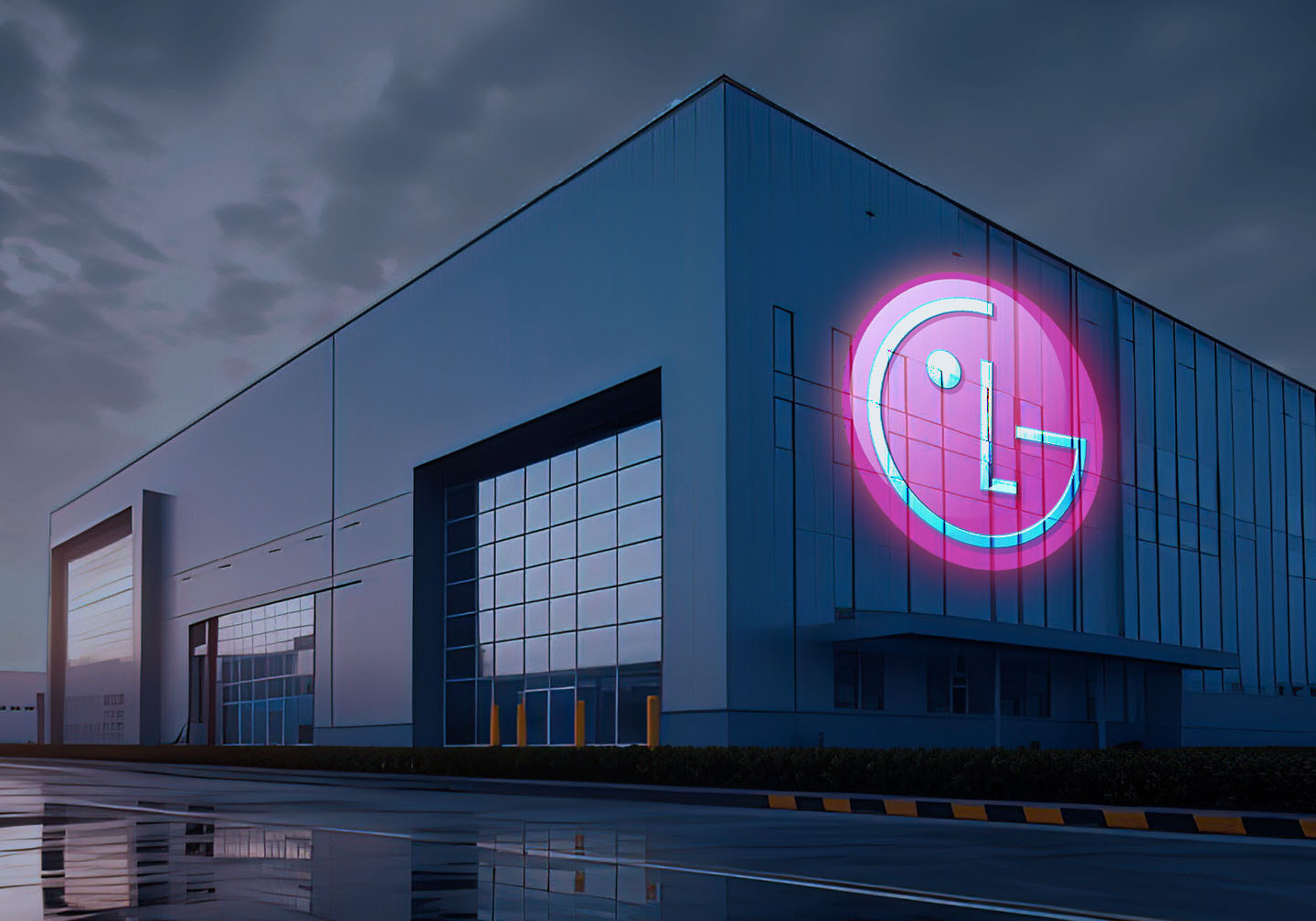 real photo of building with LG logo projected