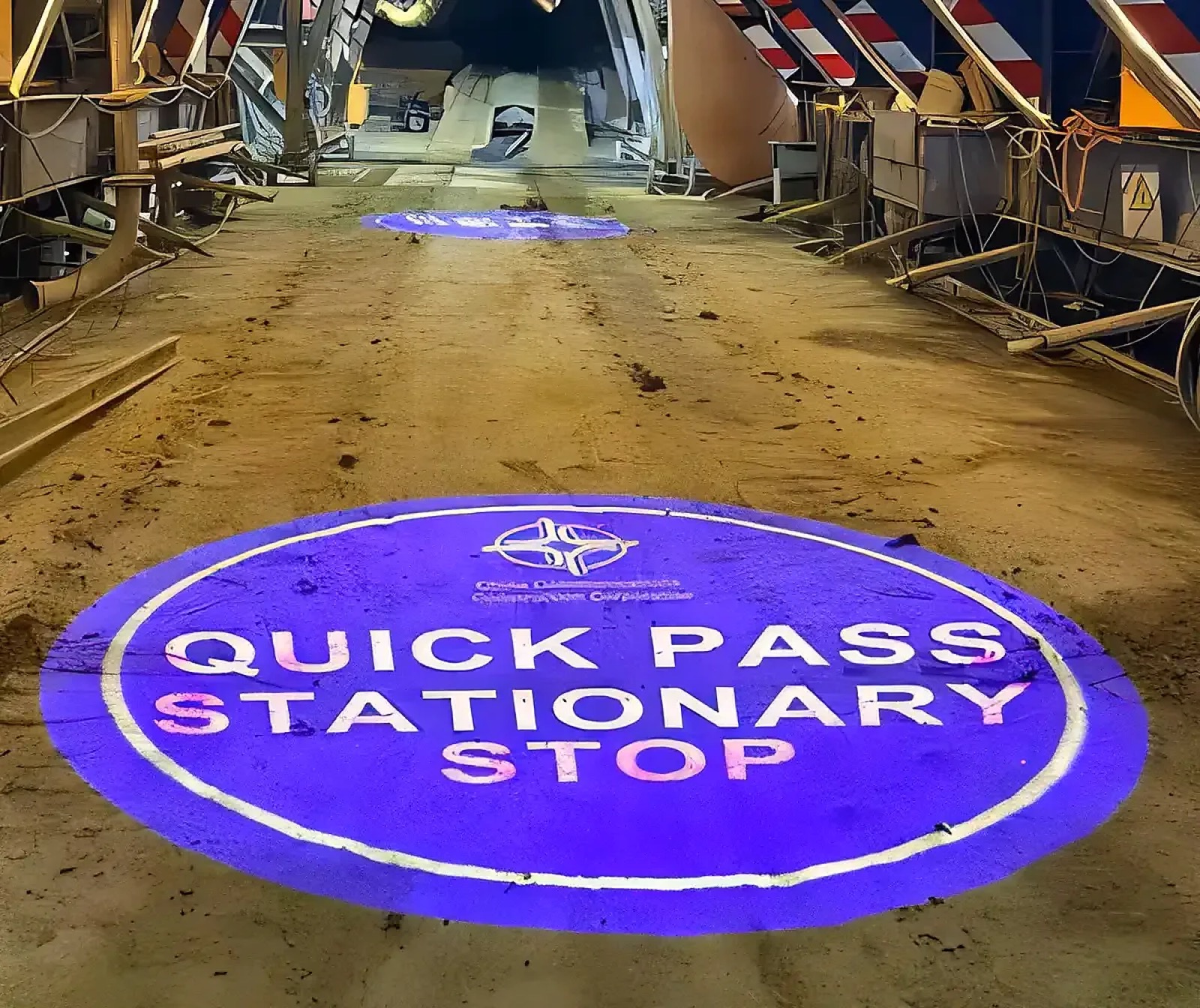 Real Quick Pass Stop Construction Floor Projection logo gobo projection — real Business & Branding install | Infinity Project — Infinity Projectors