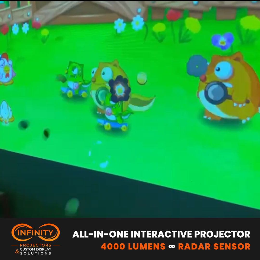 Video: cartoon critters dodge balls in a kids' interactive farmyard game projection