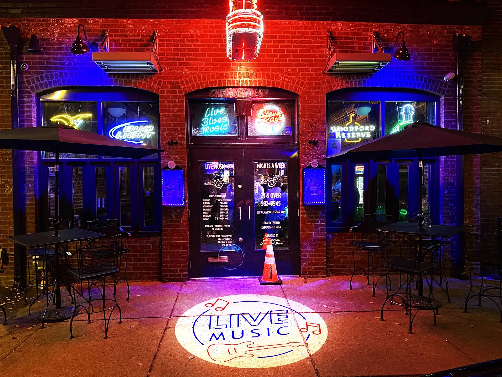 Real Live Music Bar Entrance Floor Projection logo gobo projection — real Restaurants & Bars install | Infinity Projectors — Infinity Projectors