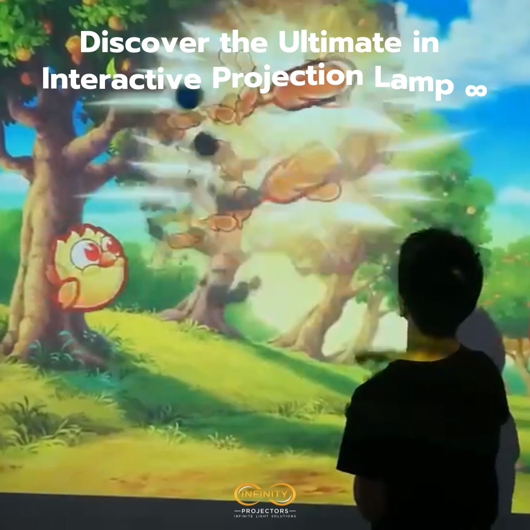 Video: boy hurls balls at a cartoon orchard tree in an interactive wall game