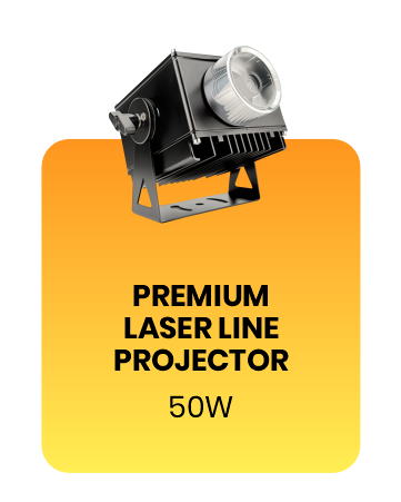 Premium laser line projector, black body, 3/4 view, on an orange gradient card labeled 'Premium Laser Line Projector, 50W' — Infinity Projectors