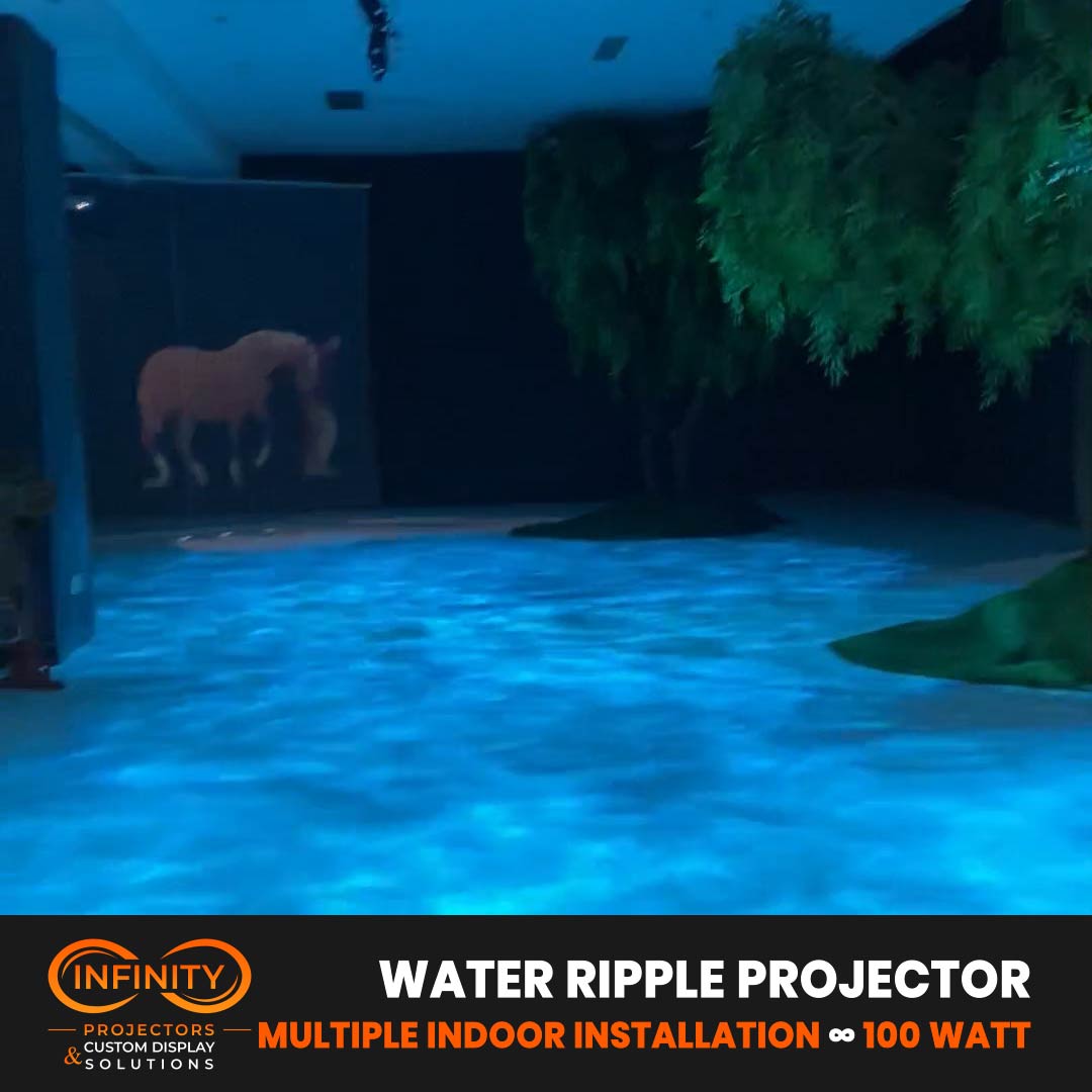 Video: rippling lagoon of light flows across an indoor floor between trees while a horse plays on a rear screen