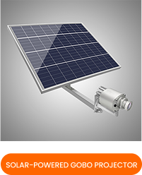 Solar-powered gobo projector with attached solar panel, silver body, 3/4 view, grey card with orange banner 'Solar-Powered Gobo Projector' — Infinity Projectors