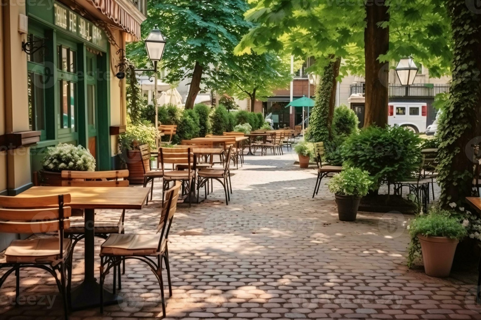 Outdoor Table Of Coffee Cafe And Reataurant Summer Terrace On City Street Empty Outside Tables And Chairs Of Outdoor Cafe On — Infinity Projectors