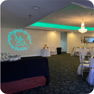 real photo of banquet room monogram projection — Infinity Projectors