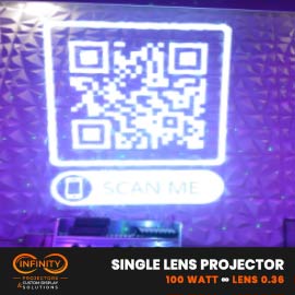 Video: giant QR code with scan-me label projected on a faceted club wall