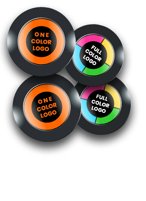 Four circular sample gobo projection discs - two 'ONE COLOR LOGO' and two 'FULL COLOR LOGO' - transparent background, illustrates gobo customization options — Infinity Projectors