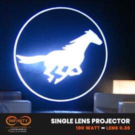 Video: white galloping horse emblem projected in a circle on a lounge wall between sofas