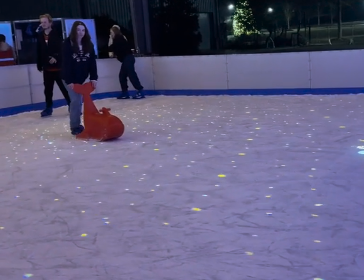 Video: skaters push a whale-shaped trainer across an ice rink dotted with firefly lights