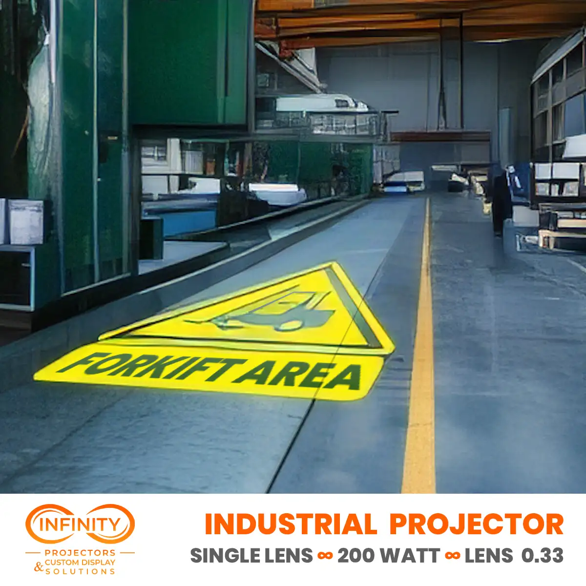 Yellow forklift-warning triangle gobo projected beside a marked pedestrian lane on a warehouse floor — Infinity Projectors