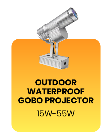Outdoor waterproof gobo projector, silver body, 3/4 view, on an orange gradient card labeled 'Outdoor Waterproof Gobo Projector, 15W-55W' — Infinity Projectors