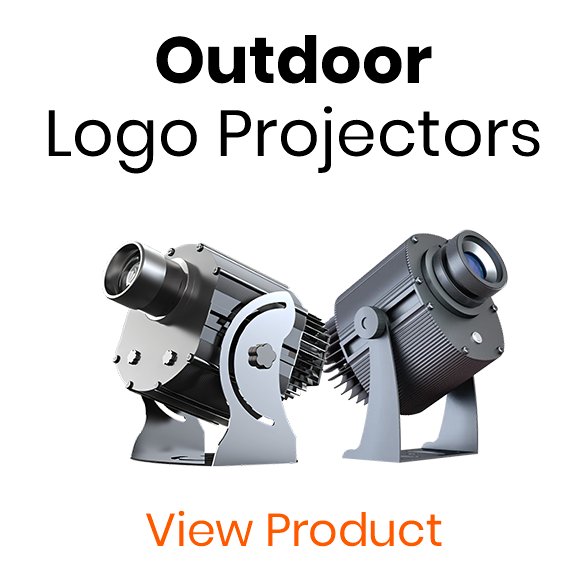 Side-by-side dark grey outdoor logo projectors under the heading 'Outdoor Logo Projectors' with a 'View Product' button - category header graphic — Infinity Projectors