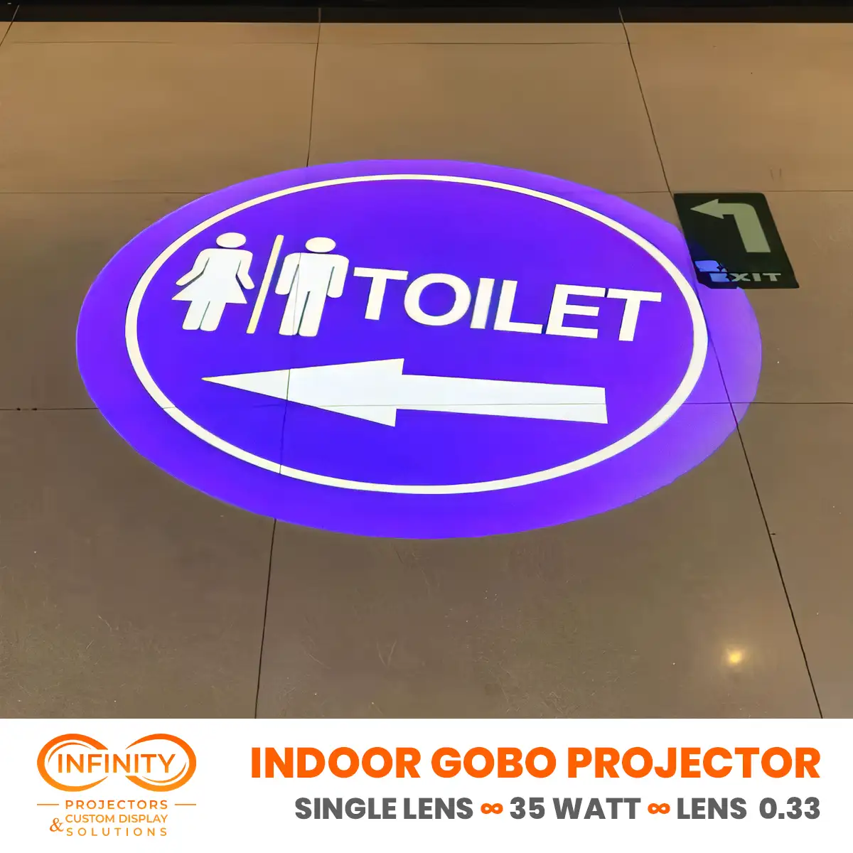 Purple toilet-direction gobo with restroom icons and an arrow shining on a polished mall floor
