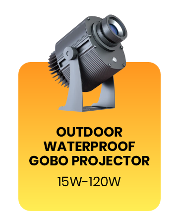 Outdoor waterproof gobo projector, dark grey body, 3/4 view, on an orange gradient card labeled 'Outdoor Waterproof Gobo Projector, 15W-120W' — Infinity Projectors