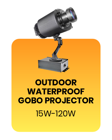 Outdoor waterproof gobo projector, dark grey body, alternate 3/4 angle, on an orange gradient card labeled 'Outdoor Waterproof Gobo Projector, 15W-120W' — Infinity Projectors
