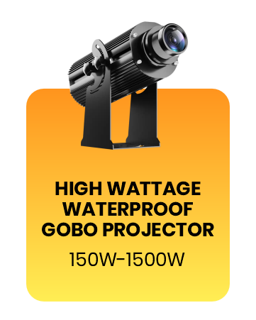 High wattage waterproof gobo projector, black body, 3/4 view, on an orange gradient card labeled 'High Wattage Waterproof Gobo Projector, 150W-1500W' — Infinity Projectors