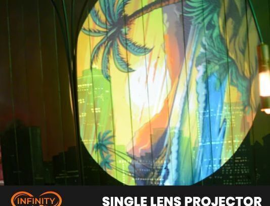 Video: tropical sunset palm scene projected in a circle on a slatted bar wall