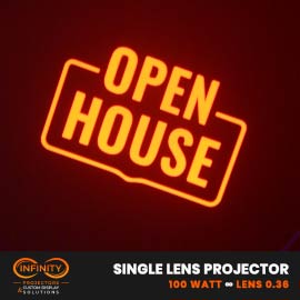 Video: glowing orange Open House sign projected on a dark wall to draw in buyers