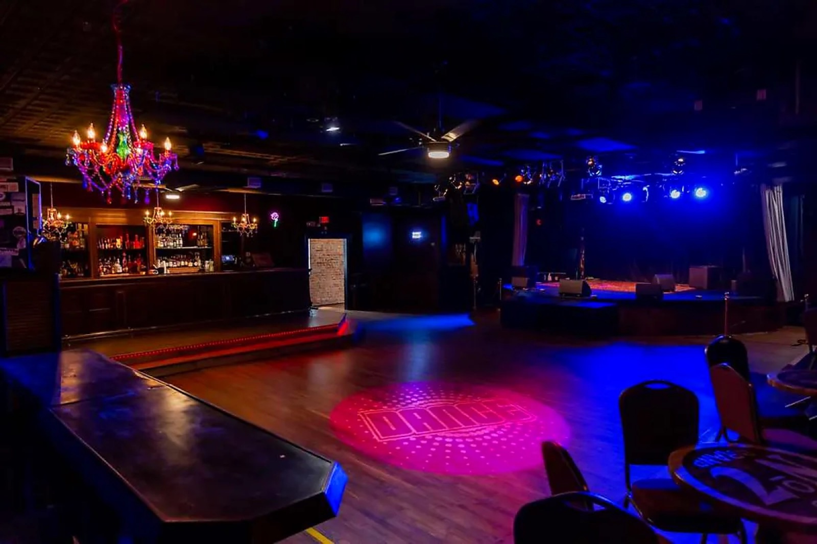 Real Dance Floor Music Venue logo gobo projection — real Business & Branding install | Infinity Projectors — Infinity Projectors