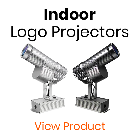 Side-by-side silver and black indoor logo projectors under the heading 'Indoor Logo Projectors' with a 'View Product' button - category header graphic — Infinity Projectors