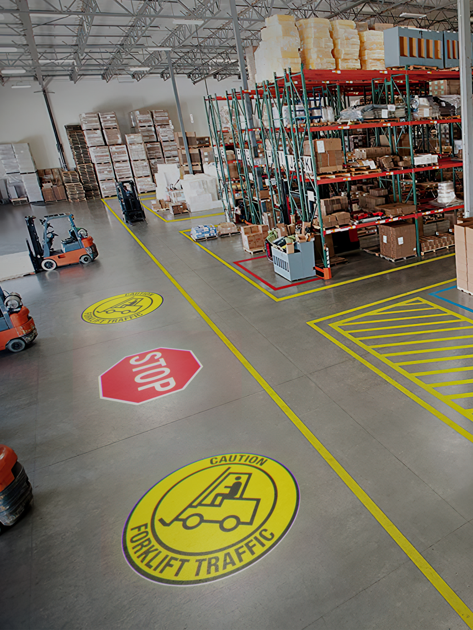 Rendered demonstration of caution forklift-traffic and stop floor projections composited into a real warehouse photo with pallet racking and stacked boxes