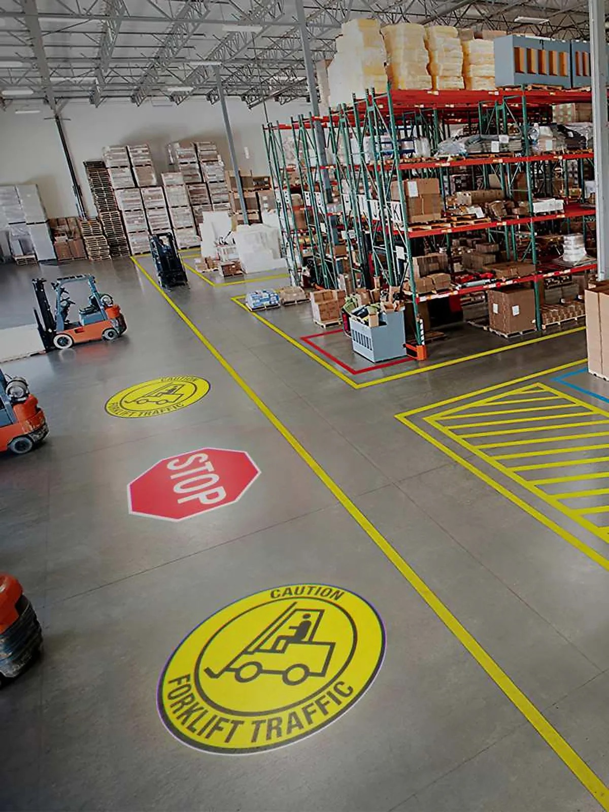 Real Warehouse Stop Forklift Floor Signs logo gobo projection — real Safety & Wayfinding install | Infinity Projectors