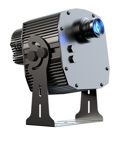Multi-gobo projector, black body, 3/4 front-left view with blue lens glow, transparent background — Infinity Projectors