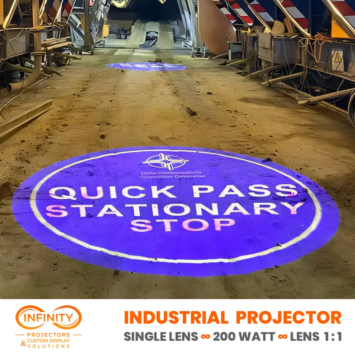 Blue quick-pass stop sign projected on the dirt floor of a construction shed, an industrial floor projection — Infinity Projectors