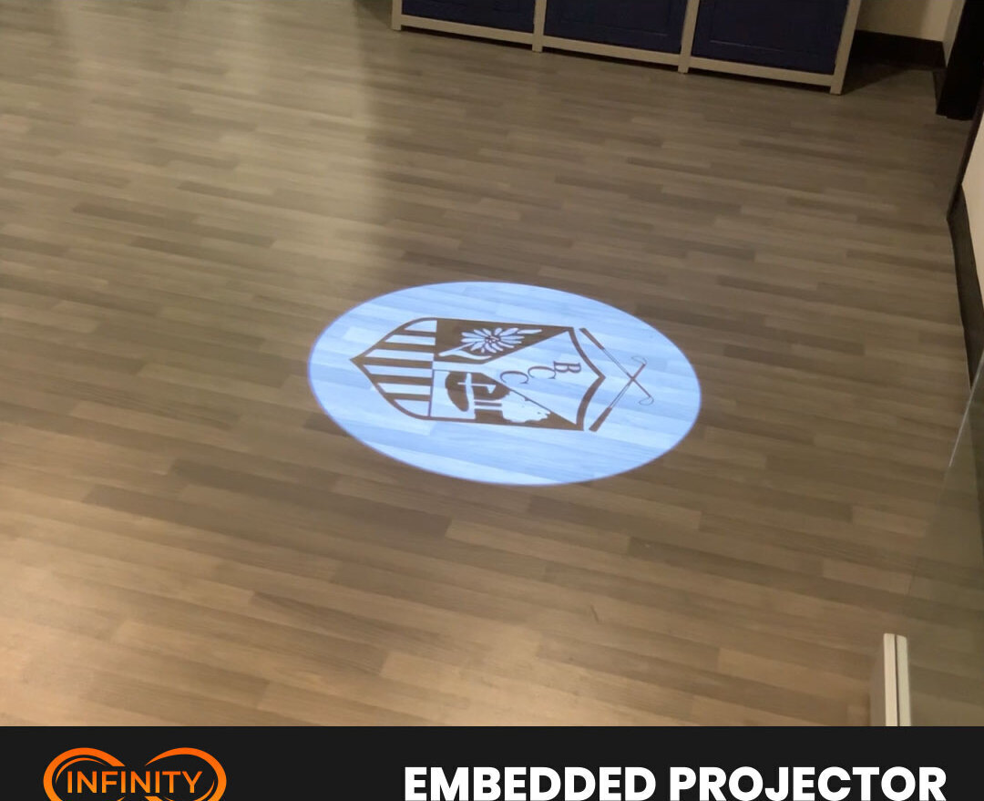 real photo of logo projected on wood floor