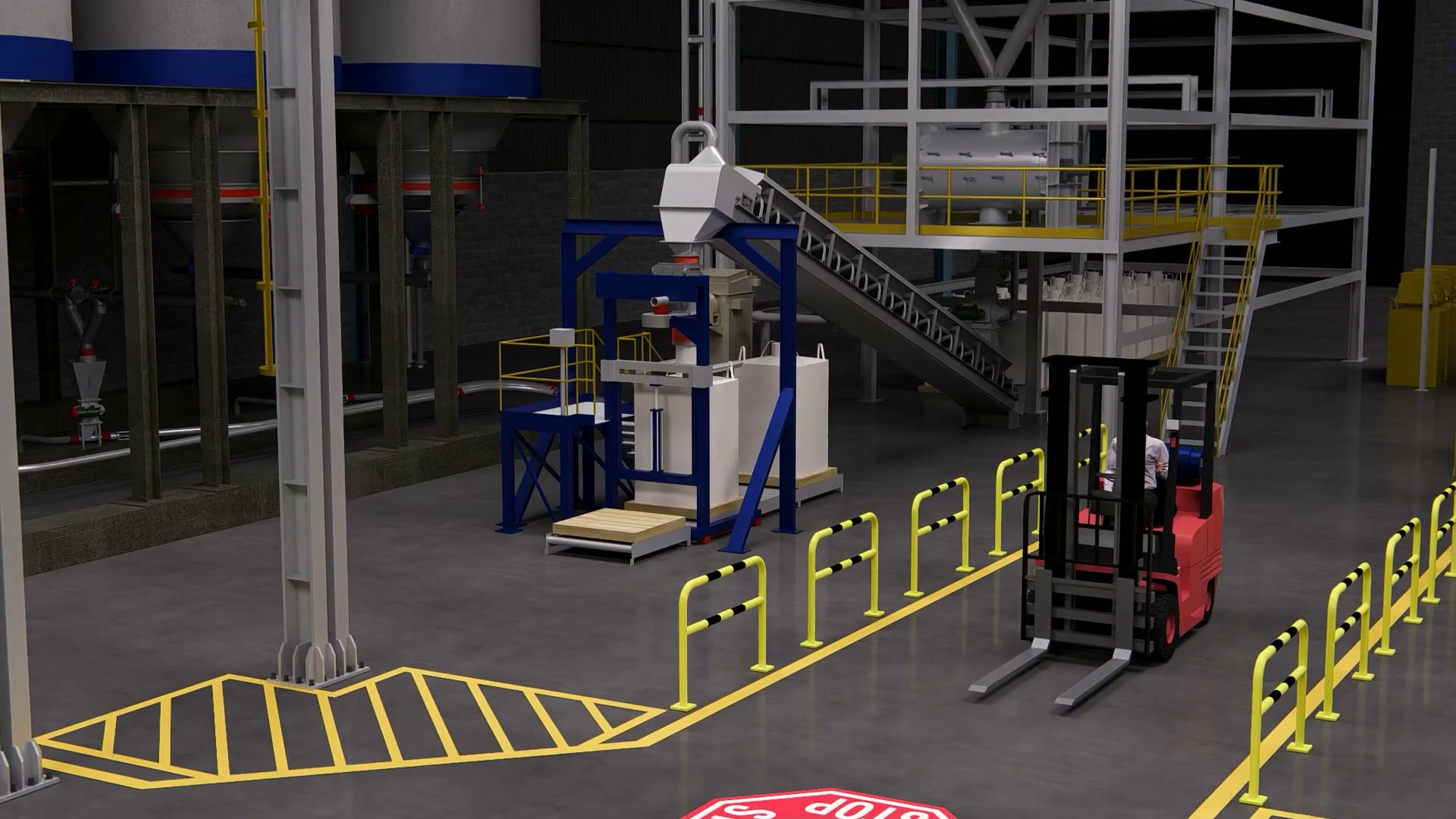 Video render demonstrating stop-sign and pedestrian crosswalk floor projections with a forklift in a CGI warehouse scene — Infinity Projectors