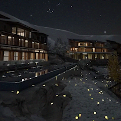 Rendered mountain resort courtyard and pool aglow with drifting golden firefly laser dots at night