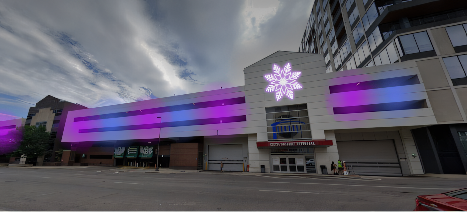 Rendering of a parking garage facade with purple light bands and a glowing snowflake added in daylight