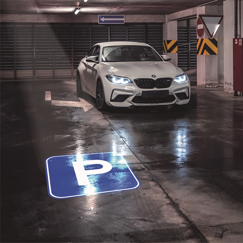 real parking garage photo with symbol on ground — Infinity Projectors