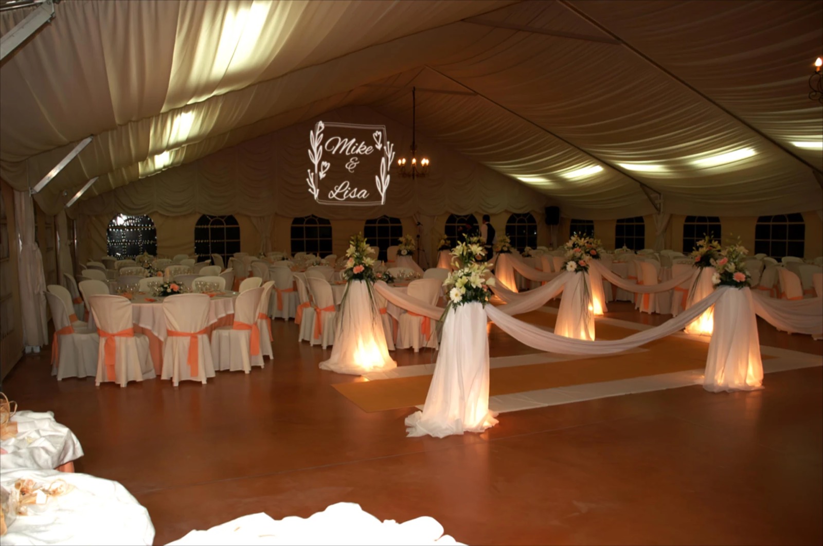 Real Premium Wedding Hall logo gobo projection — real Events & Festivals install | Infinity Projectors — Infinity Projectors