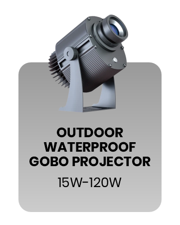 Outdoor waterproof gobo projector, dark grey body, 3/4 view, on a grey rounded card labeled 'Outdoor Waterproof Gobo Projector, 15W-120W' — Infinity Projectors