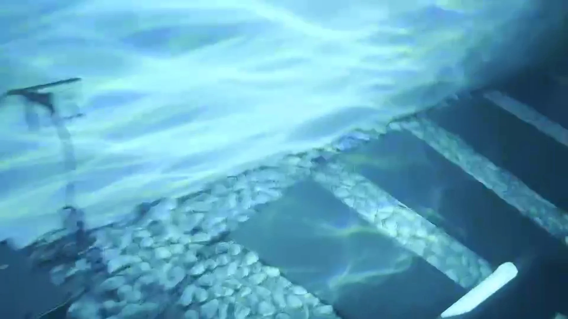 The Aurora mounted low on a garden wall, washing a stone path in blue waves — Infinity Projectors