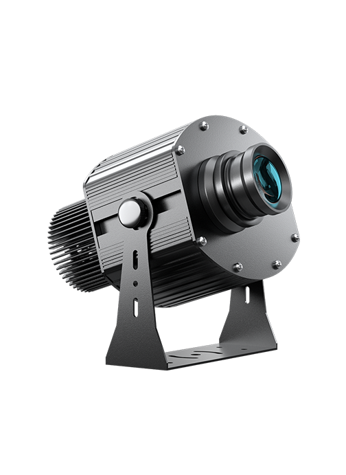 Multi-gobo projector, dark grey body, 3/4 front-right view with blue lens glow, transparent background — Infinity Projectors