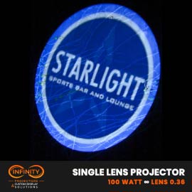 Video: blue circular sports bar and lounge logo shimmering on a dark textured wall