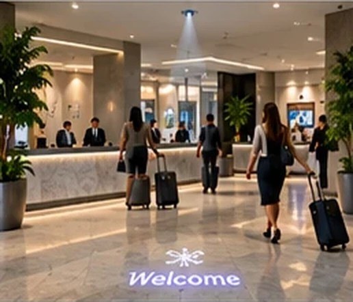 Hotel lobby with a Welcome snowflake projected on the floor as guests arrive with luggage — Infinity Projectors
