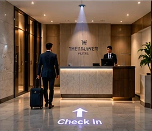 Hotel front desk with a Check In arrow projected on the floor as a guest arrives with a rolling suitcase — Infinity Projectors