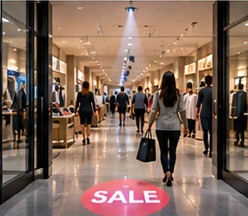 Busy mall corridor with SALE projected in white on a red oval on the floor between shoppers — Infinity Projectors